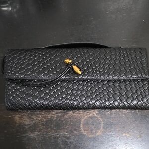 Black Woven Leather Clutch with Gold Tassel